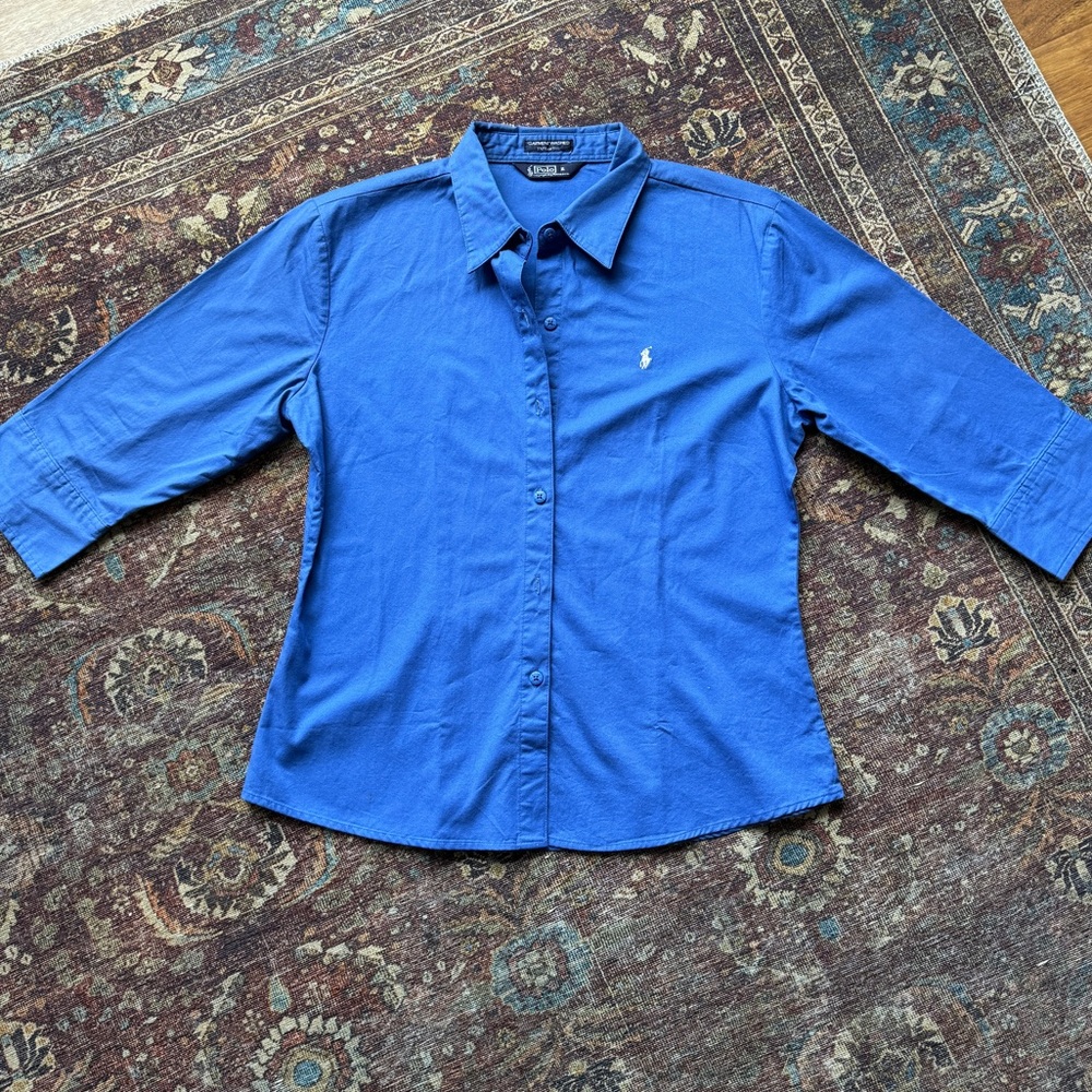 Blue 100% Cotton Ralph Lauren Polo Three-Quarter Sleeve Button-Up - Prep Style